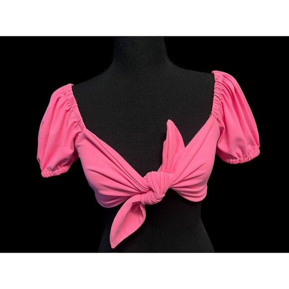 Susana Monaco Pink Short Sleeve Tie-Front Crop Top, Ballon Sleeve, Summer, beach - Picture 2 of 7